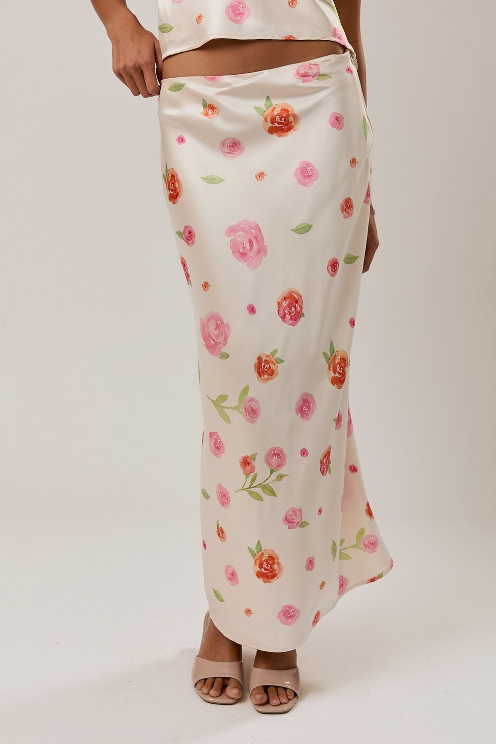 Rio Floral Satin Midi Skirt - Cream/ Rose Floral