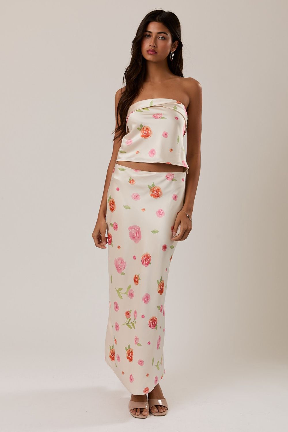 Rio Strapless Satin Top - Cream/Rose Floral