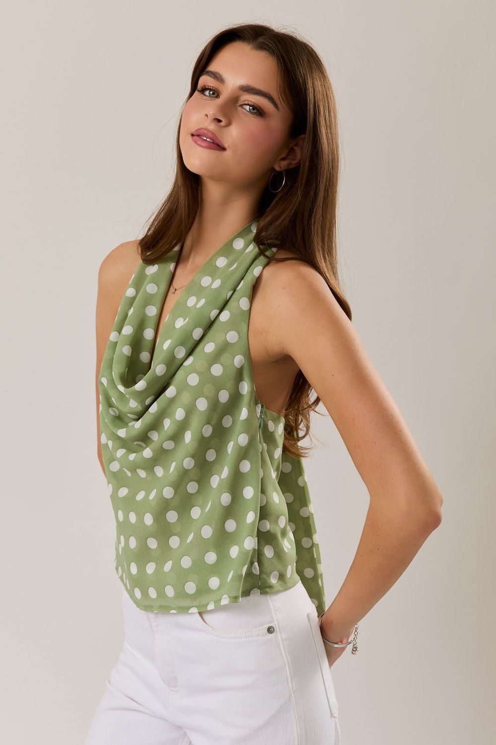 To Be Free Polka Dot Cowl Neck Top - Light Green/ White Dot
