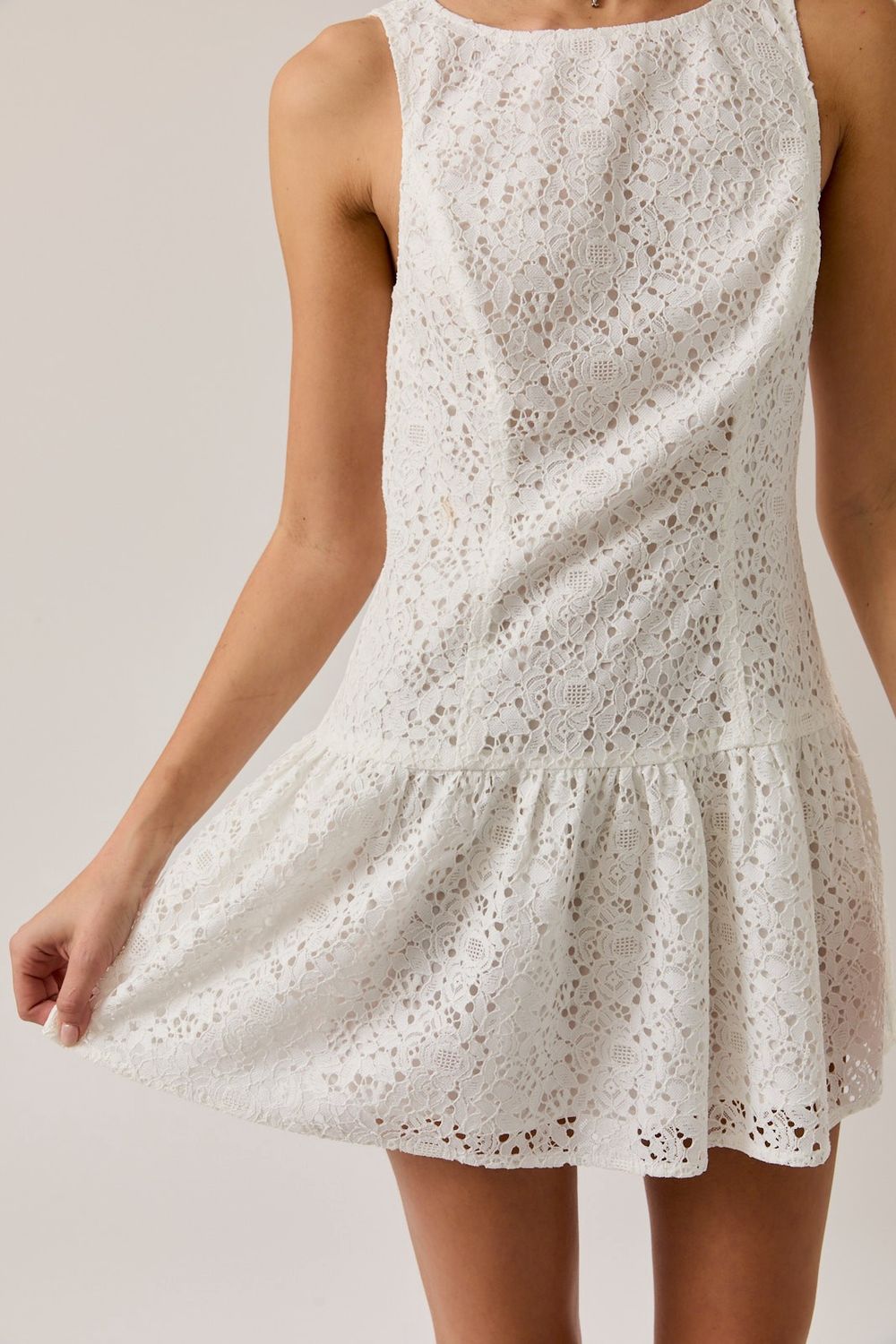 Boat Neck Sleeveless Low Waist Lace Dress - White