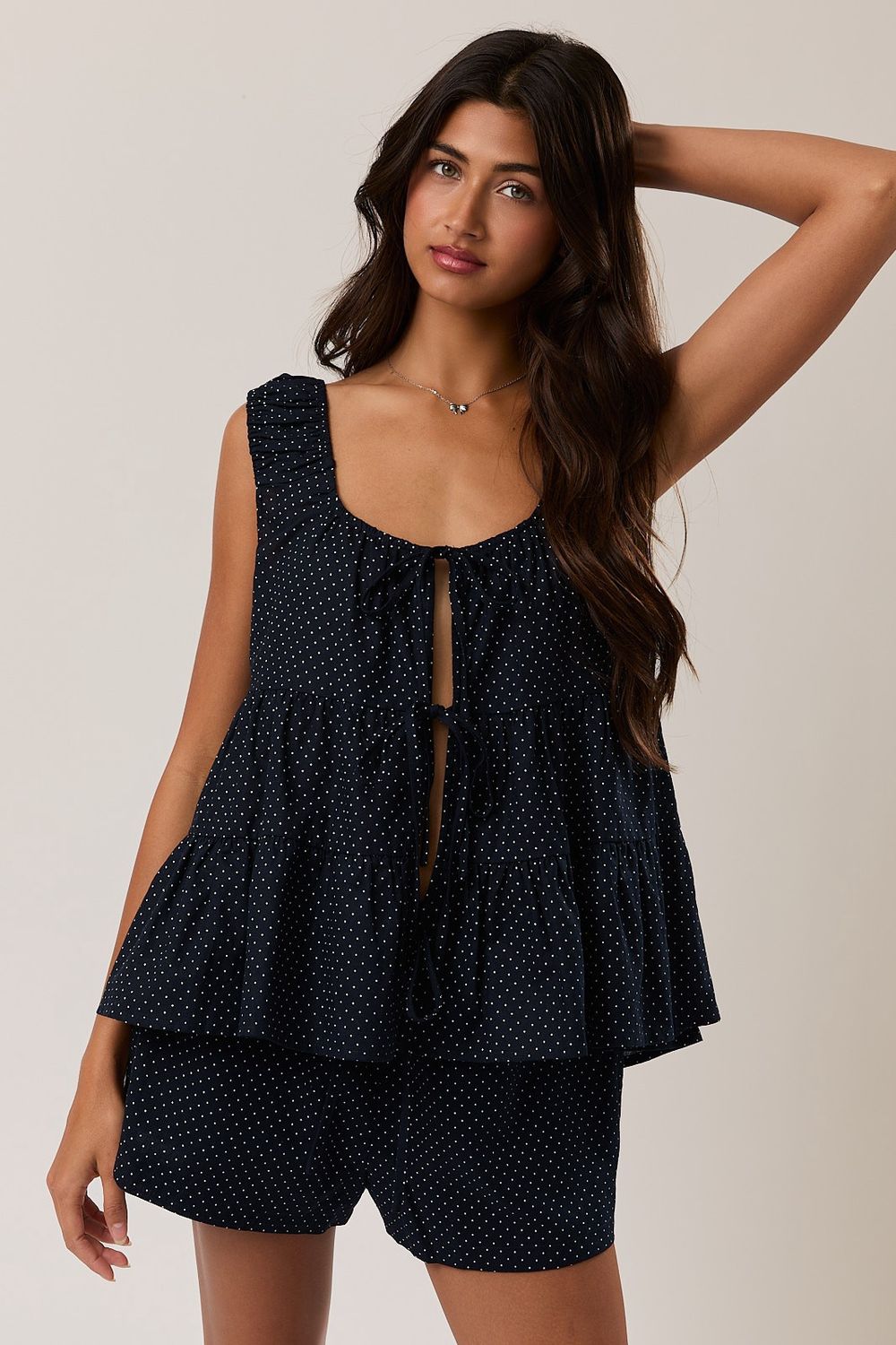 Front Tie Tiered Sleeveless Top - Navy/ White Dot
