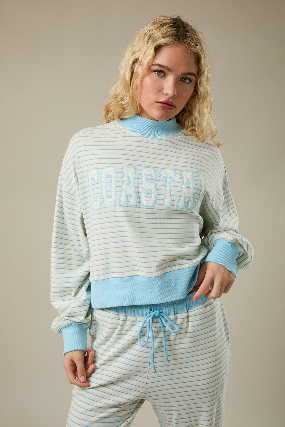 Coastal Mock Neck Pullover - Cream/Light Blue Stripe