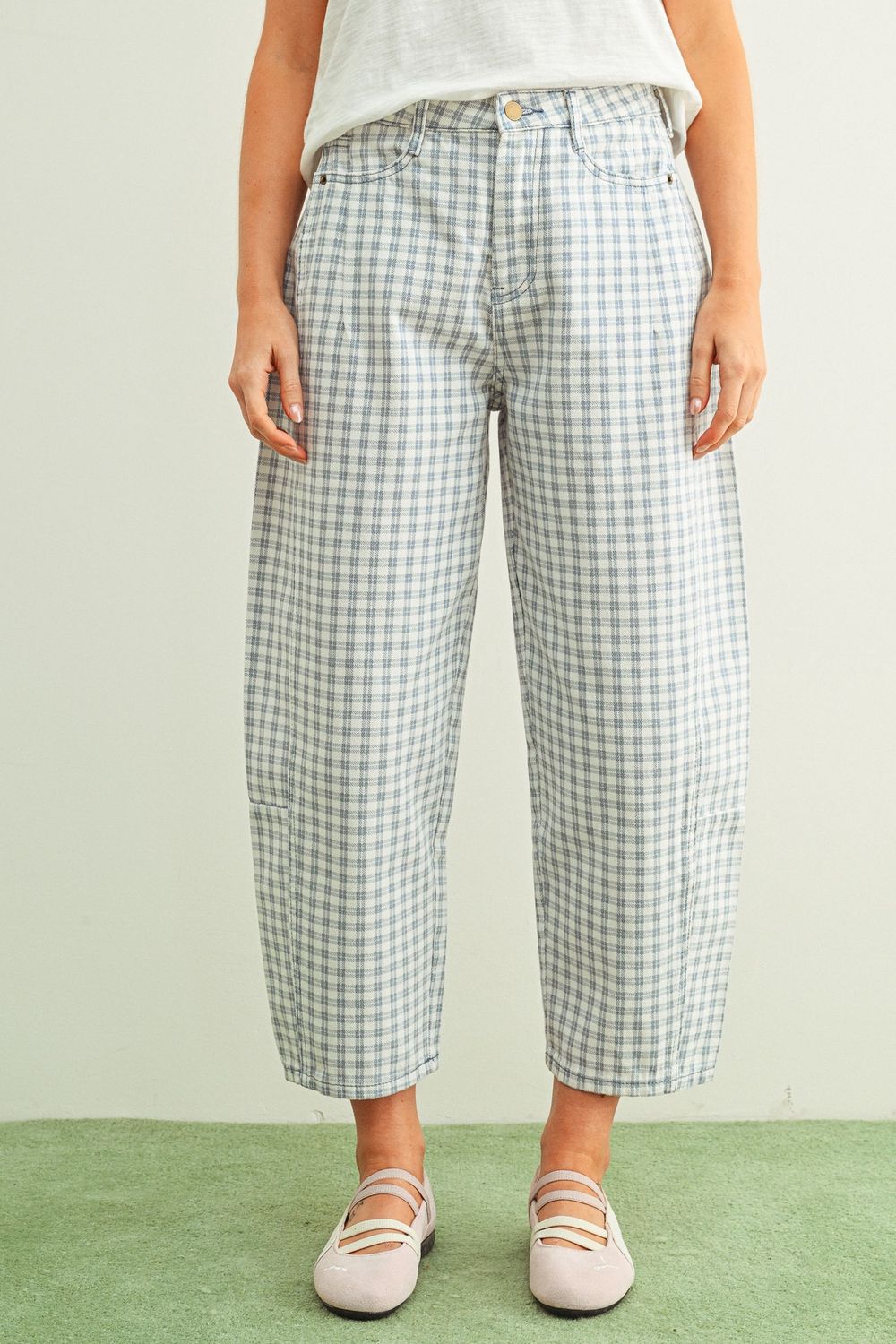 Call It A Night Checkered Barrel Pants - Blue
