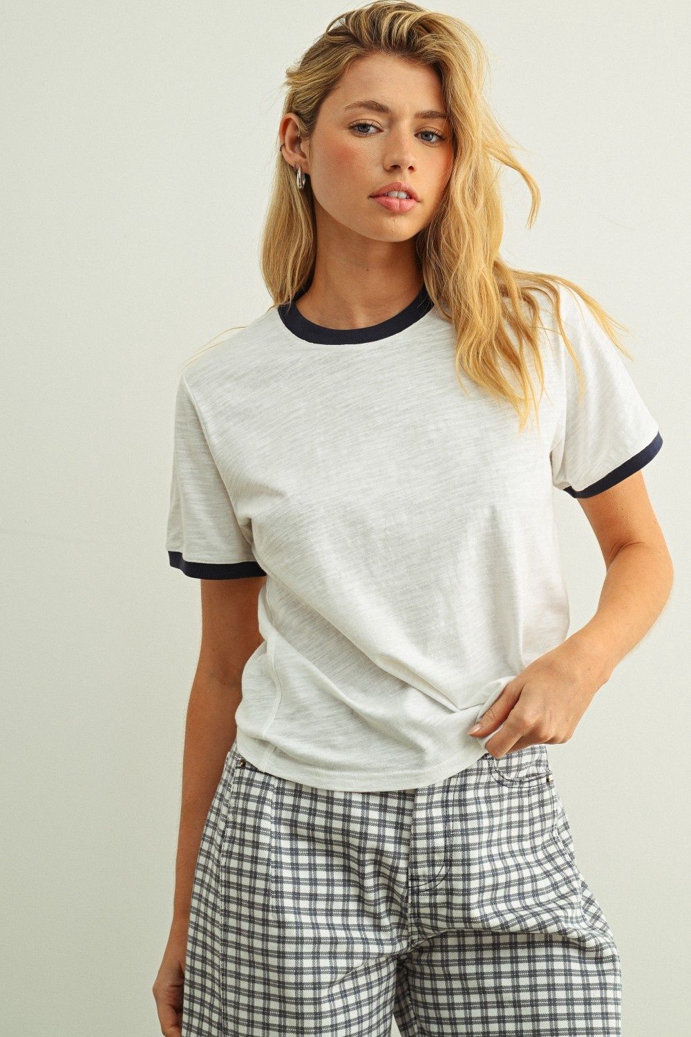 Essential Slub Short Sleeve Top - White/Navy
