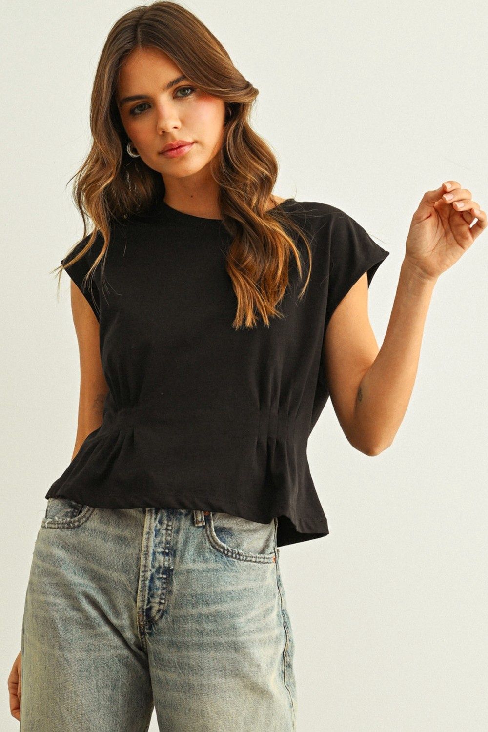 Round Neck Waist Detailed Cap Sleeve Top - Black