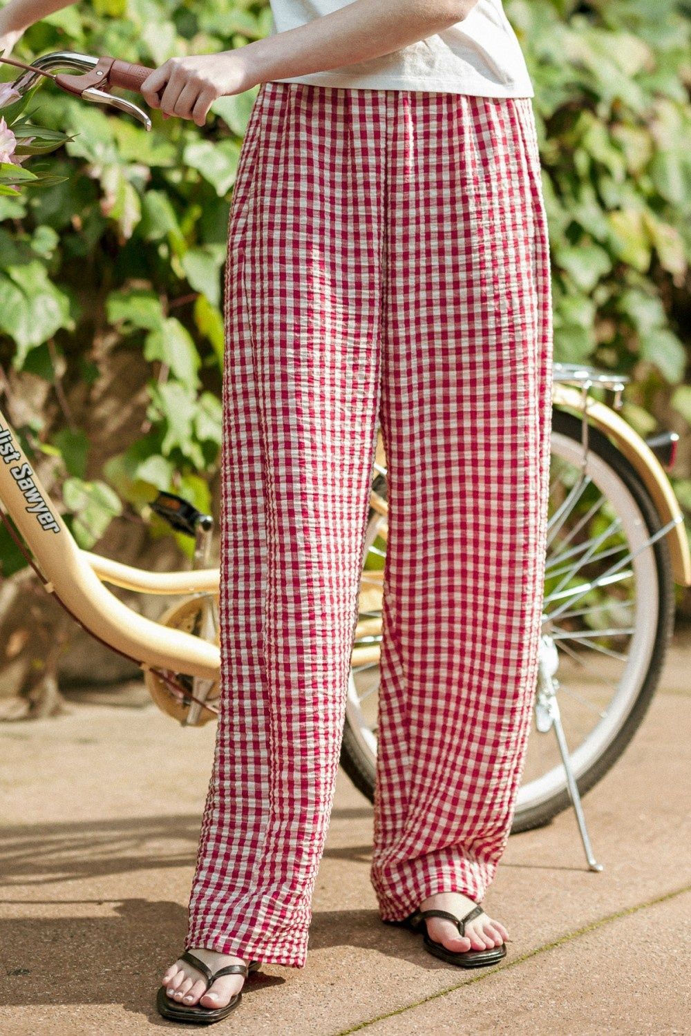 Gingham Elastic Waist Pants - Red/ White