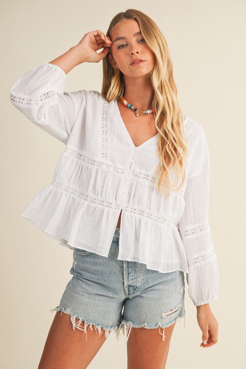 On The Town Ruched Detail Long Sleeve Top - White