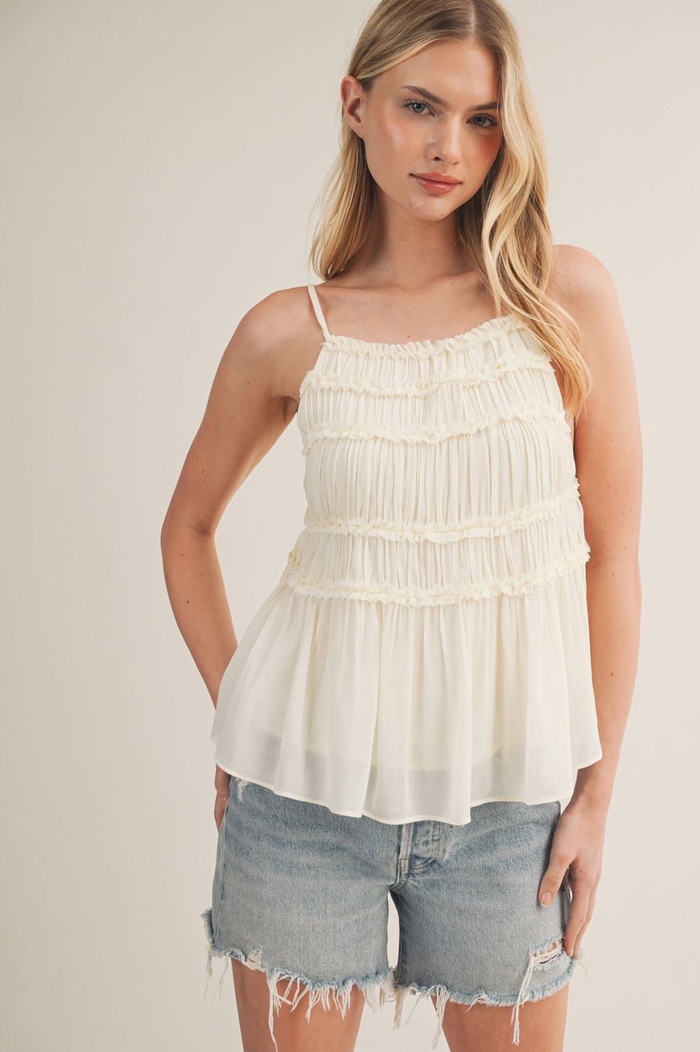 Flowy Ruffle Detail Sleeveless Top - Natural