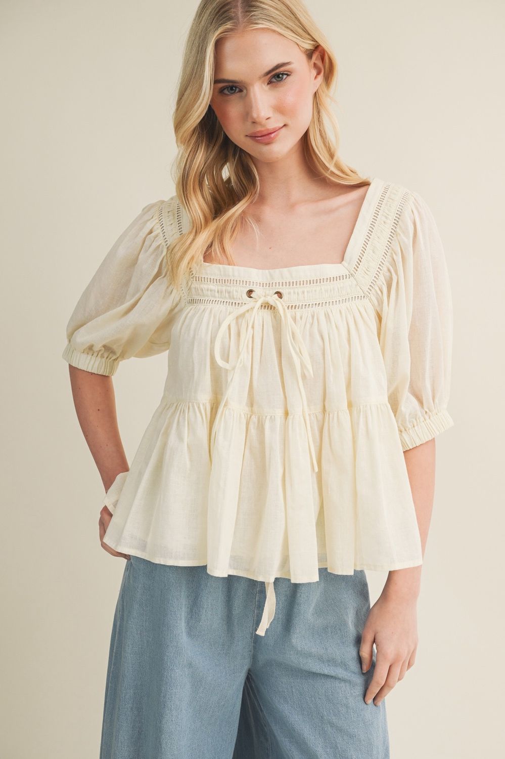 Find Out Puff Sleeve Tie Detail Top - Vanilla Cream