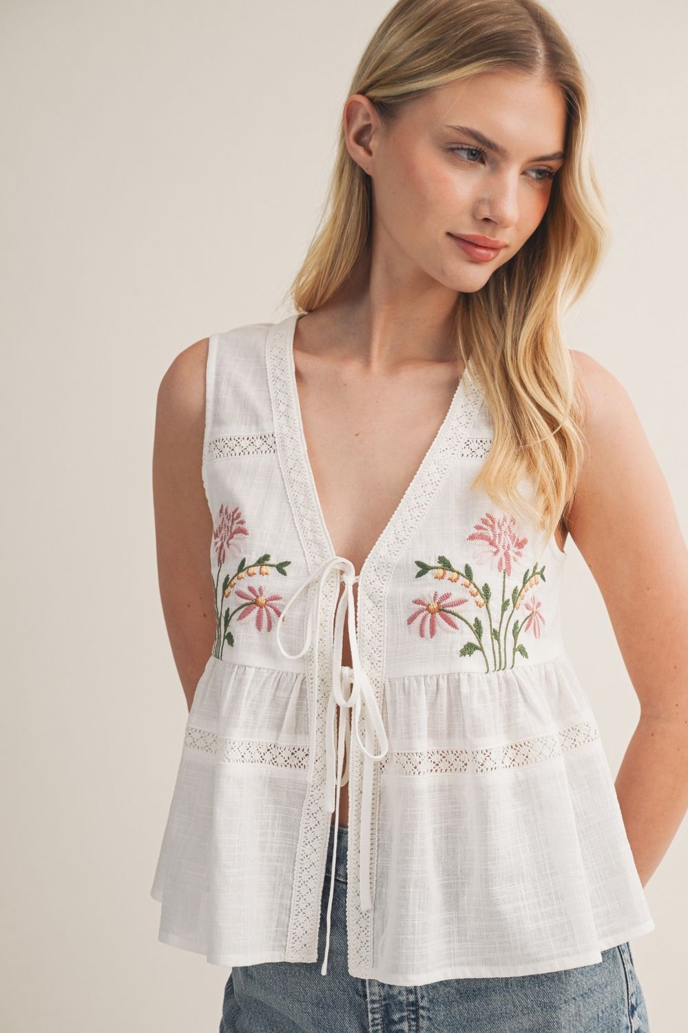 Flower Field Front Tie Sleeveless Top - White