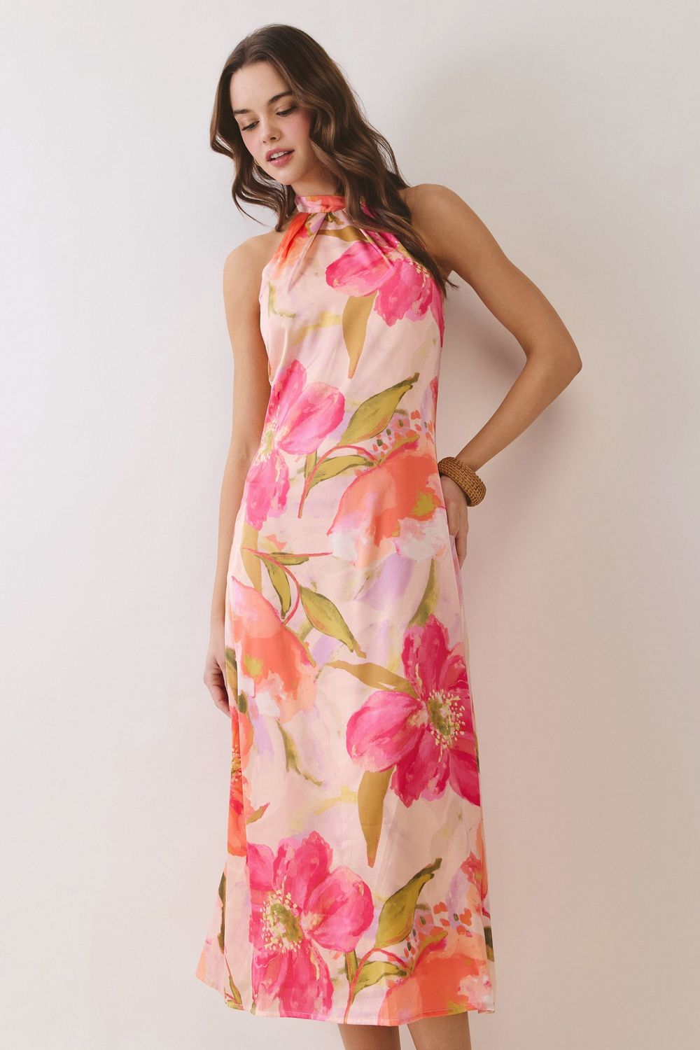 I Know You Floral Halter Neck Maxi Dress - Pink