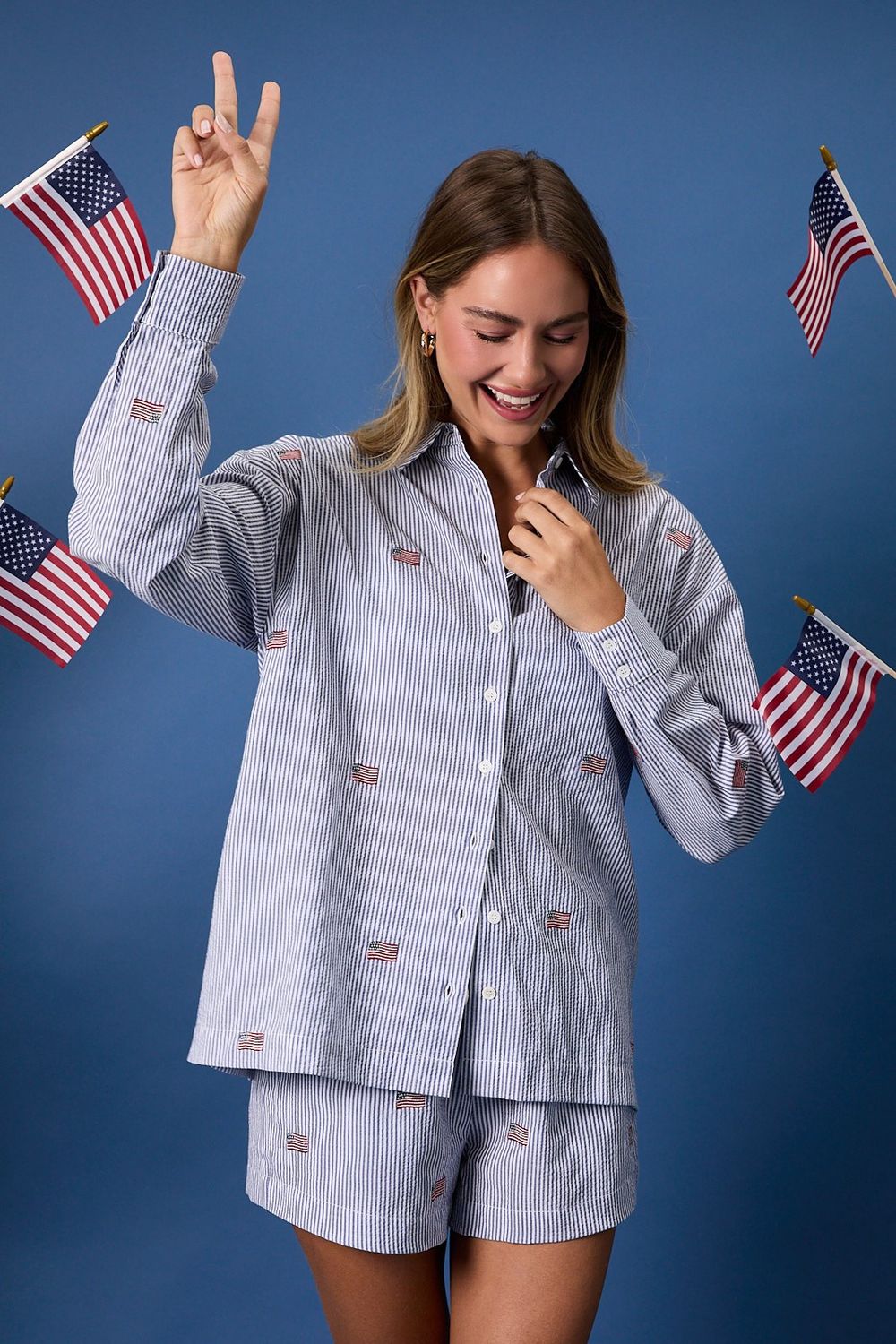 Flag Embroidered Striped Long Sleeve Button Top - Navy/ White