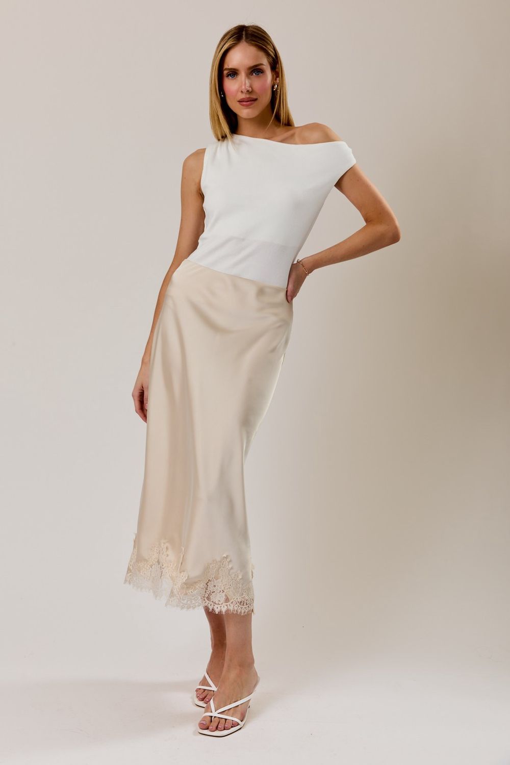 Lace Applique Satin Midi Skirt - Light Taupe