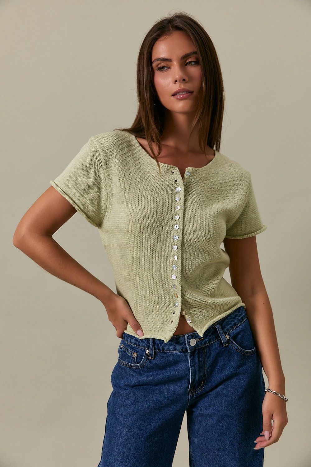 Cap Sleeve Round Neck Short Sleeve Cardigan - Light Green