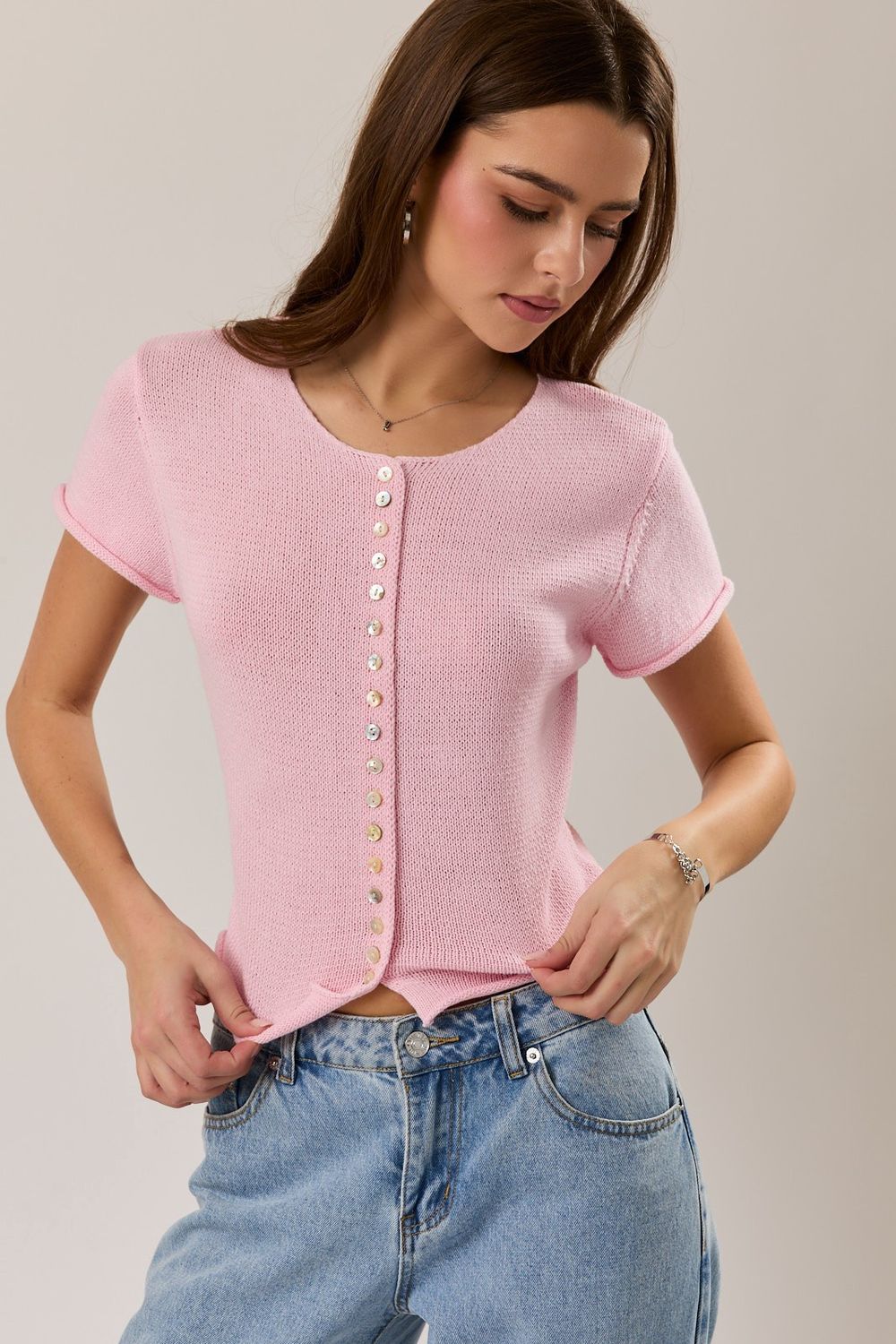 Cap Sleeve Round Neck Short Sleeve Cardigan - Light Pink