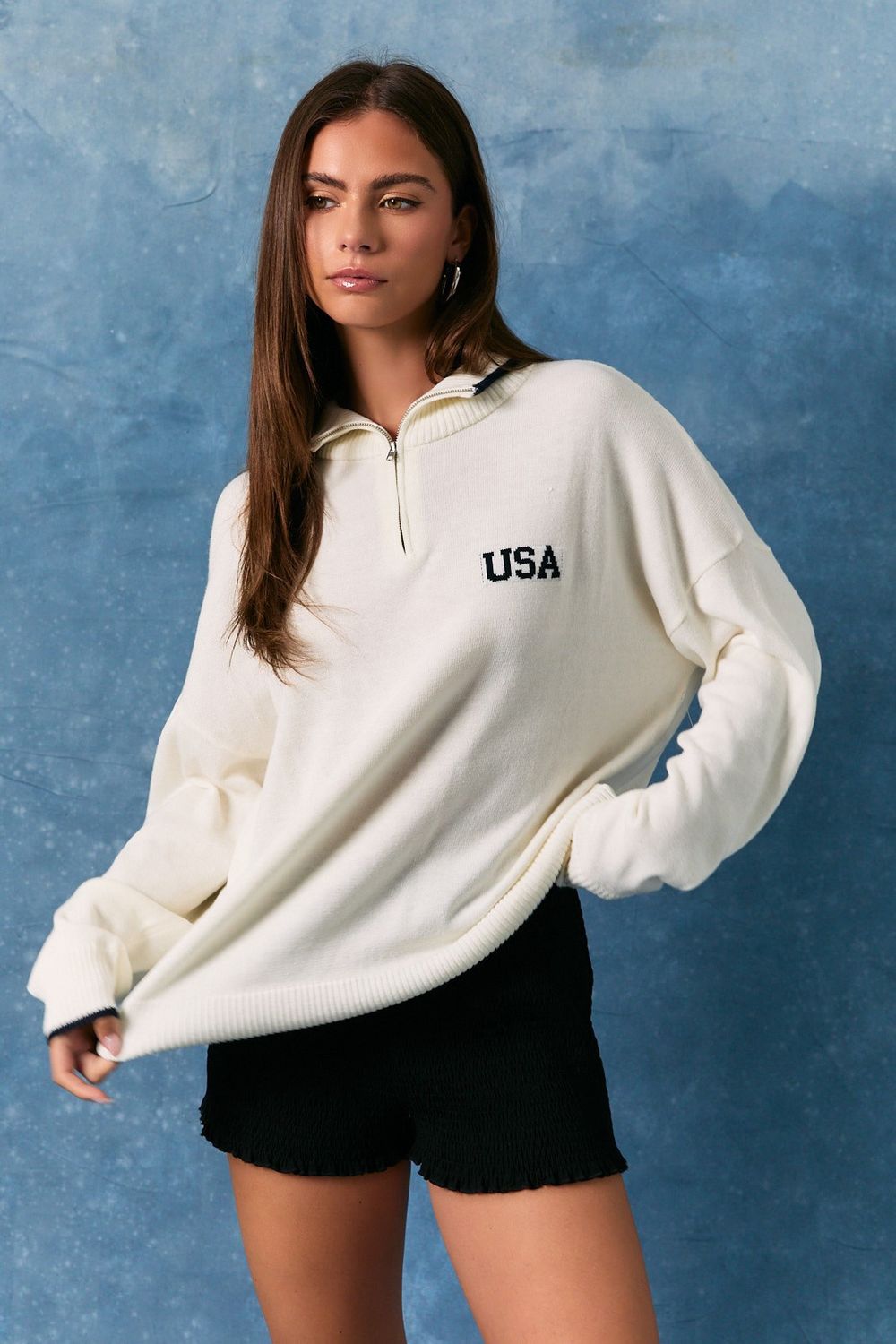 Collared USA Flag Zip Sweater - White
