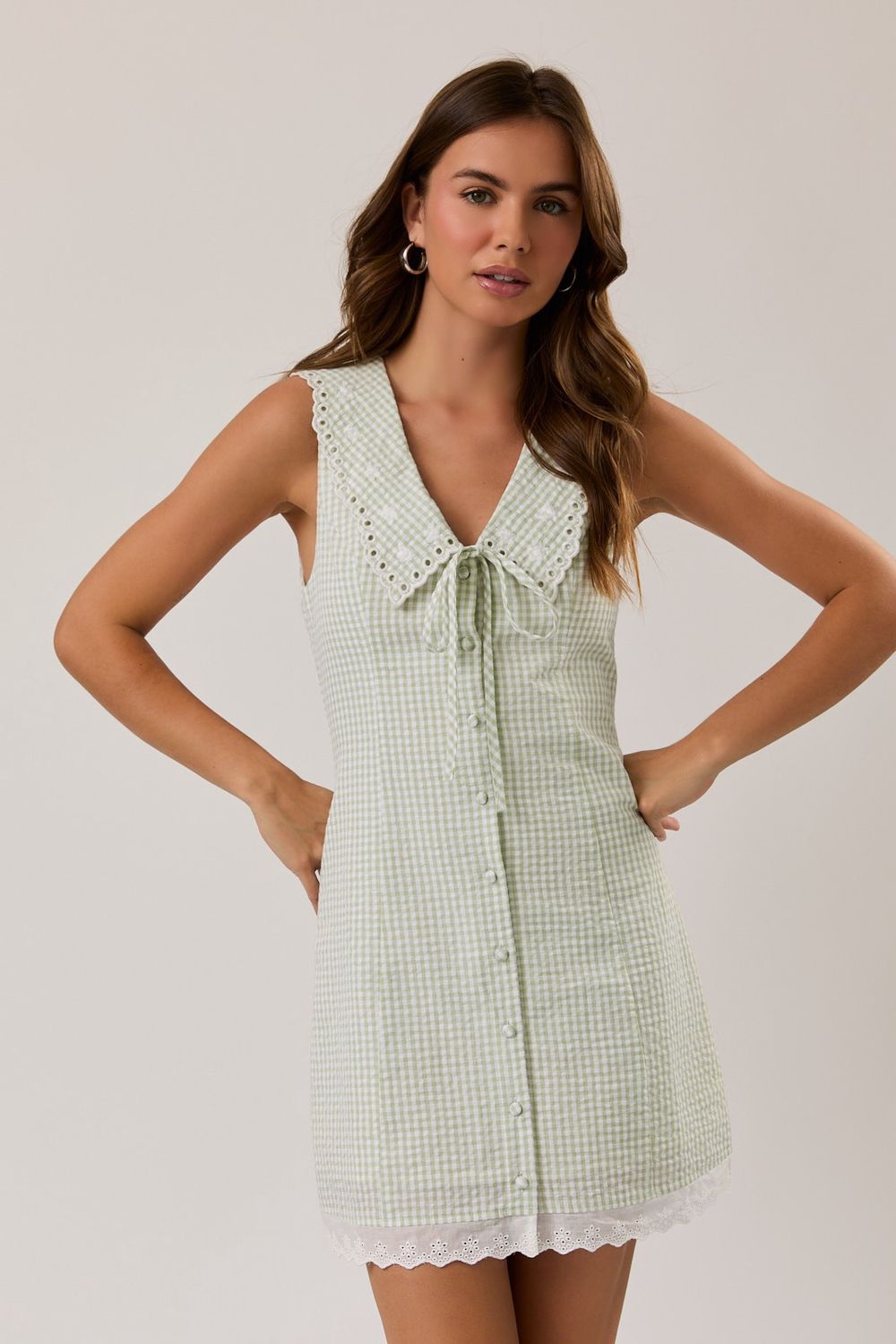 Good Times Sleeveless Mini Dress - Light Green/ Gingham