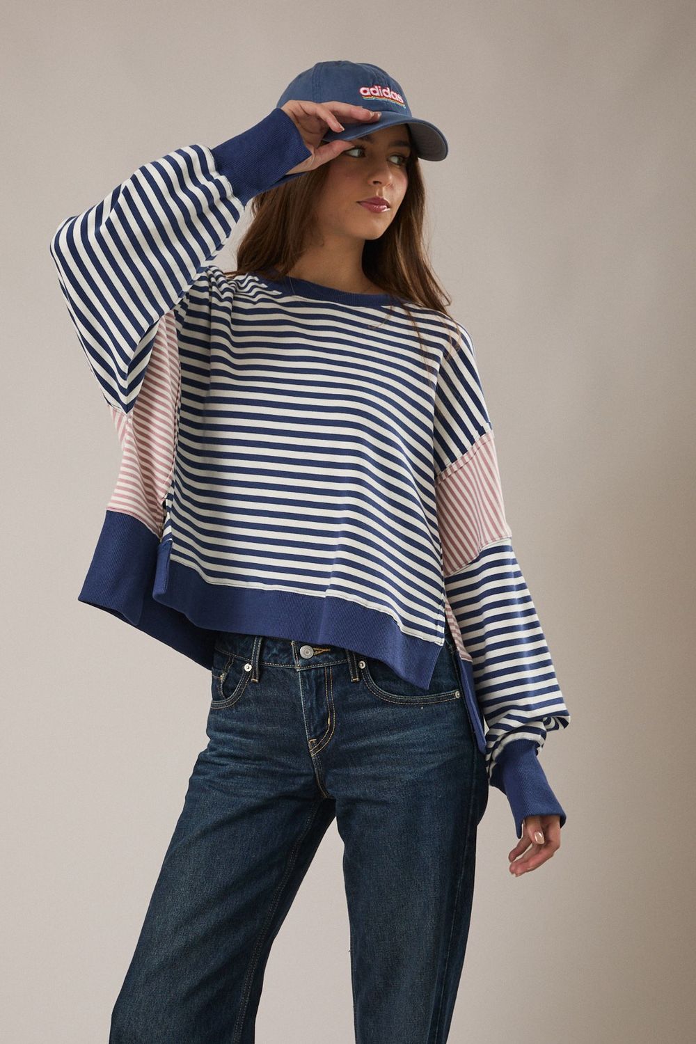 Scooped Night Stripe Long Sleeve Top - Navy/ White Stripe