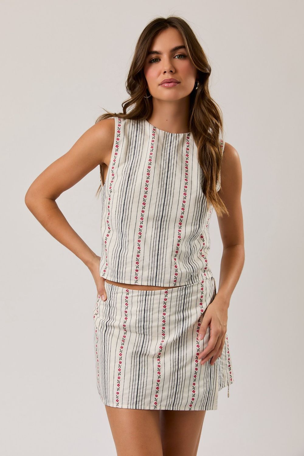 Feel Good Sleeveless Top W/ Skort Set - White/ Navy Stripe