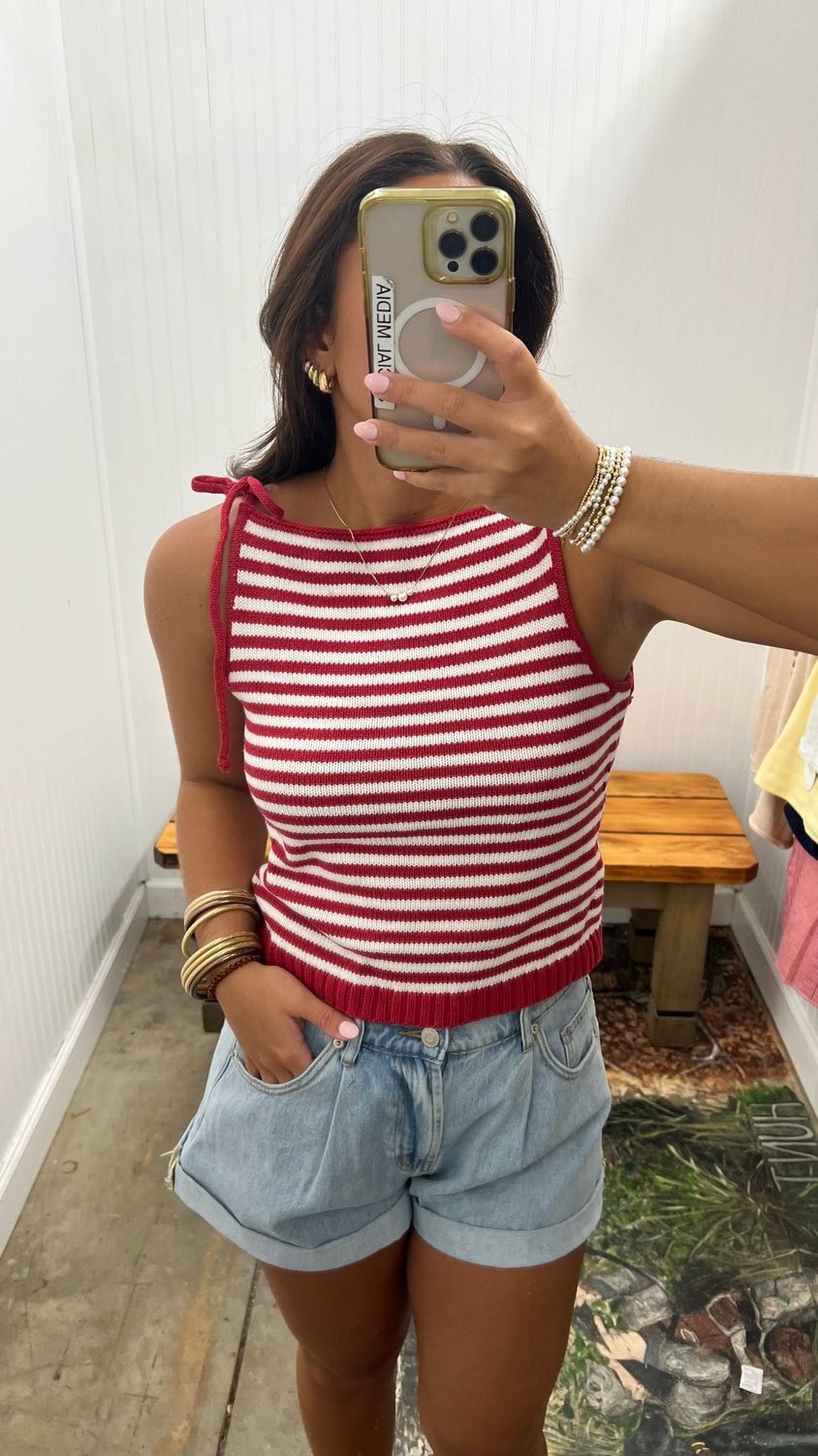 Love Me Now Tie Shoulder Sleeveless Top - Red/ White Stripe