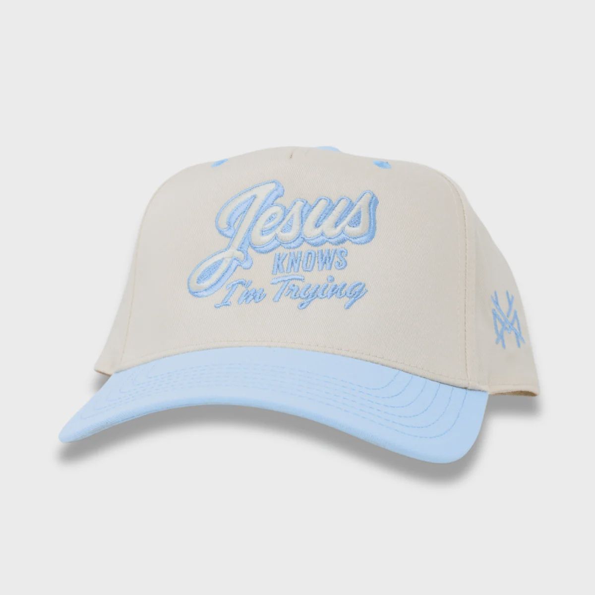 Jesus Knows I'm Trying Trucker Hat - Retro Powder Blue/ Nautral
