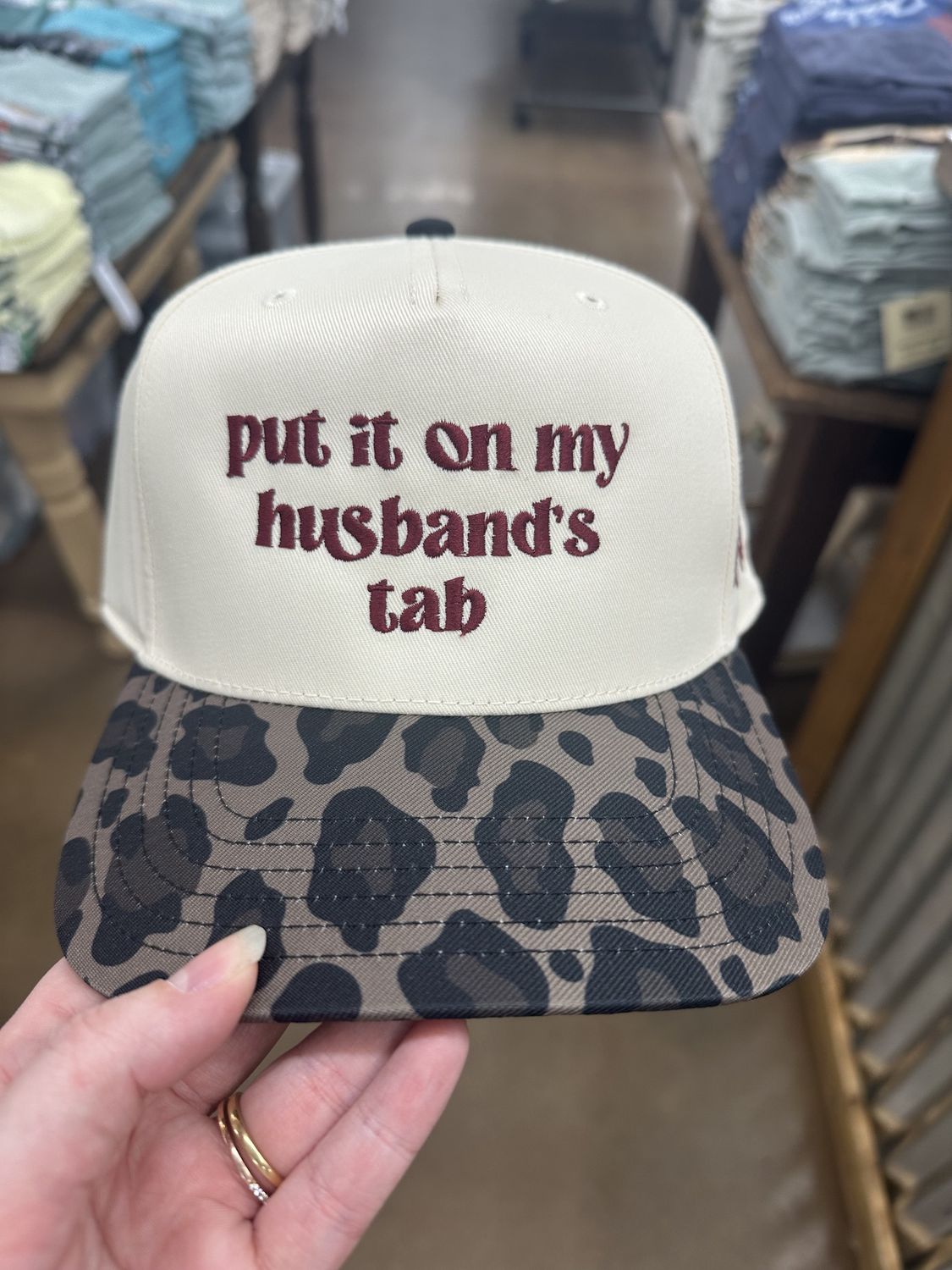 Put It On My Husband's Tab Trucker Hat- Leopard/ Natural