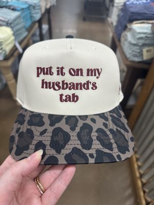 Put It On My Husband's Tab Trucker Hat- Leopard/ Natural