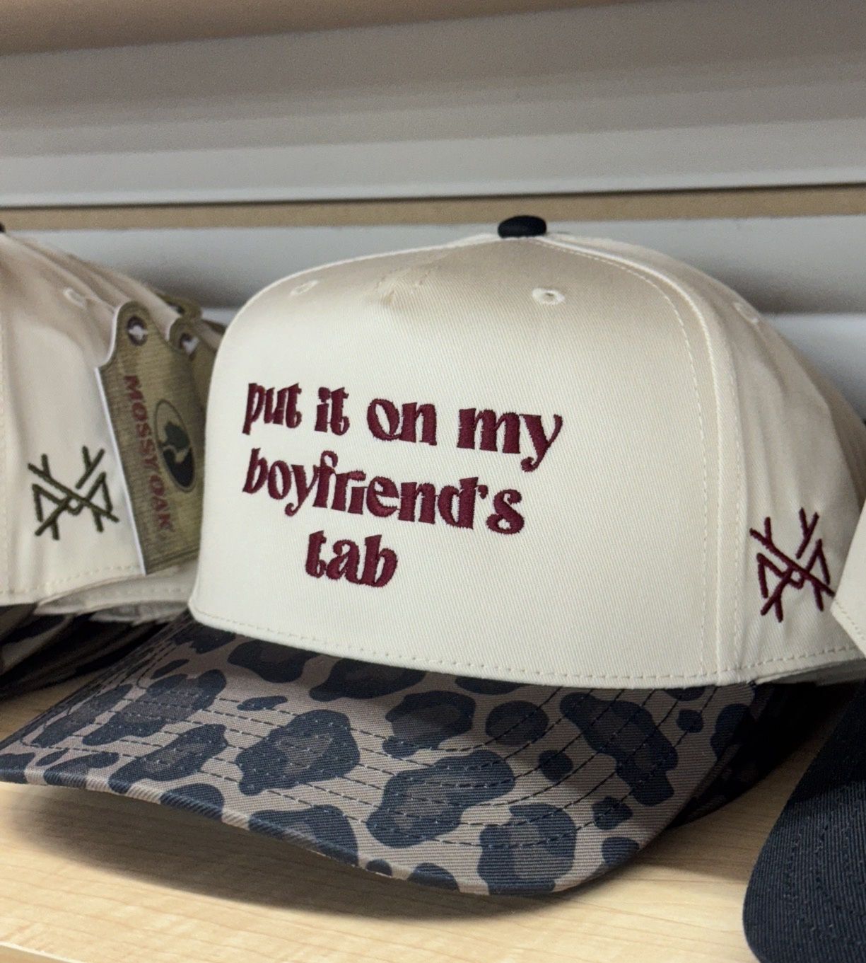 Put It On My Boyfriend's Tab Trucker Hat - Leopard/Natural