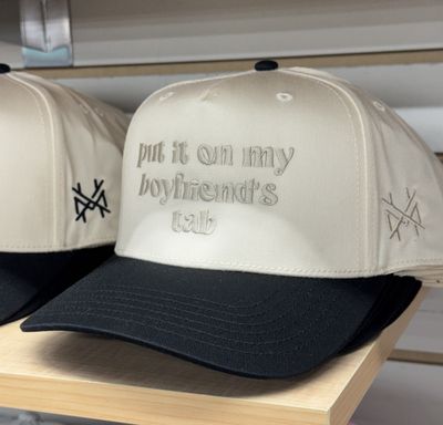 Put It On My Boyfriend's Tab Trucker Hat- Black/ Natural/ Natural