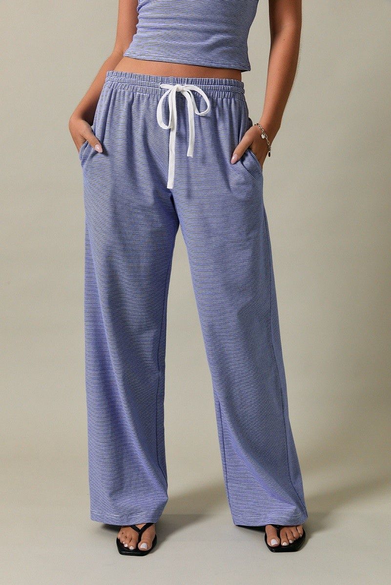 Mid Rise Wide Leg Sweat Pants - Blue/ White Stripe