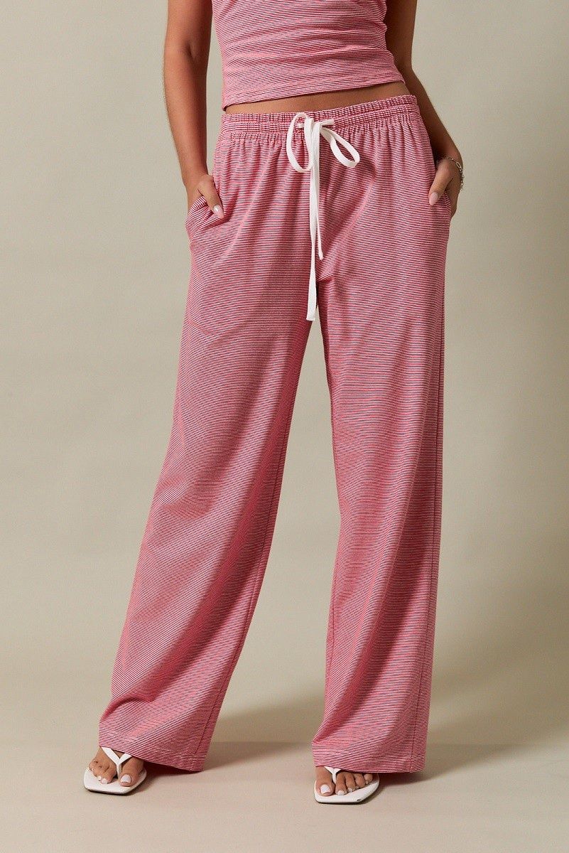 Mid-Rise Wide Leg Sweat Pants - Red/ White Stripe