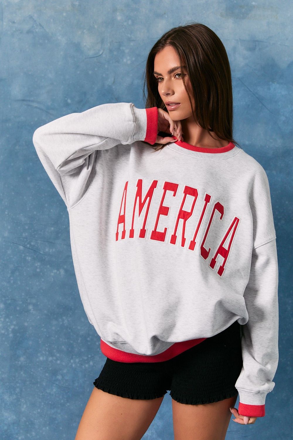 America Oversized Sweatshirt - Light Heather Grey/ Red