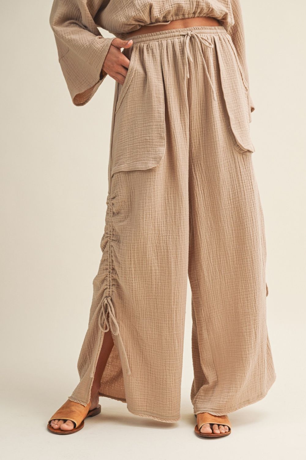 Call It Off Side Cinched Flowy Pants - Light Taupe