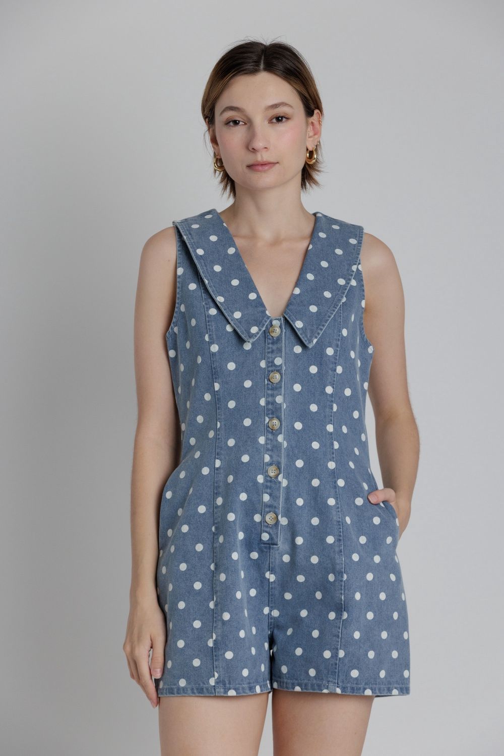 The Seabreeze Polka Dot Denim Romper - Denim