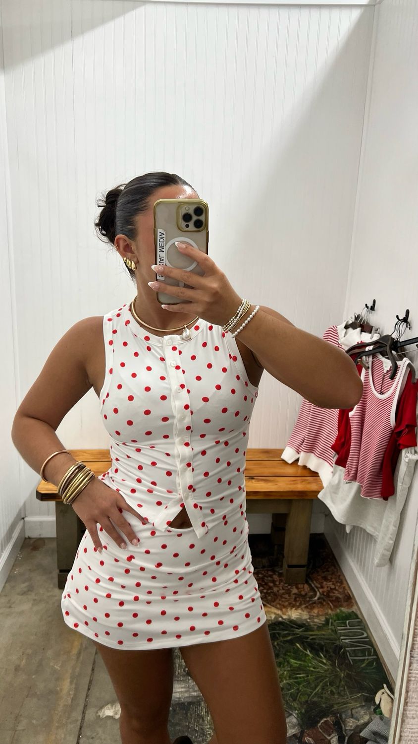 Polka Dot Sleeveless Button Down Top - White / Red Dot