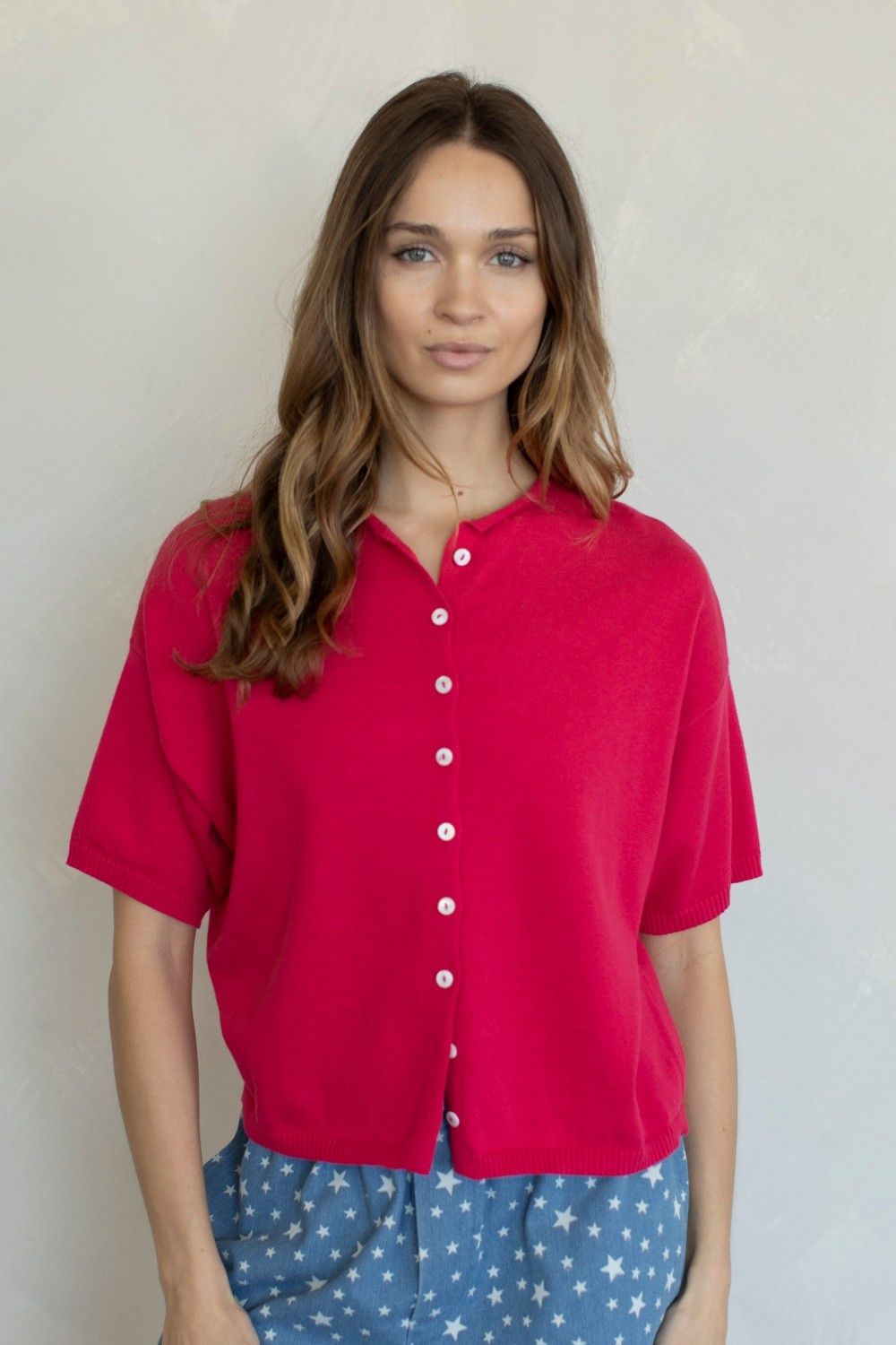 Button Up Short Sleeve Cardigan - Fuchsia