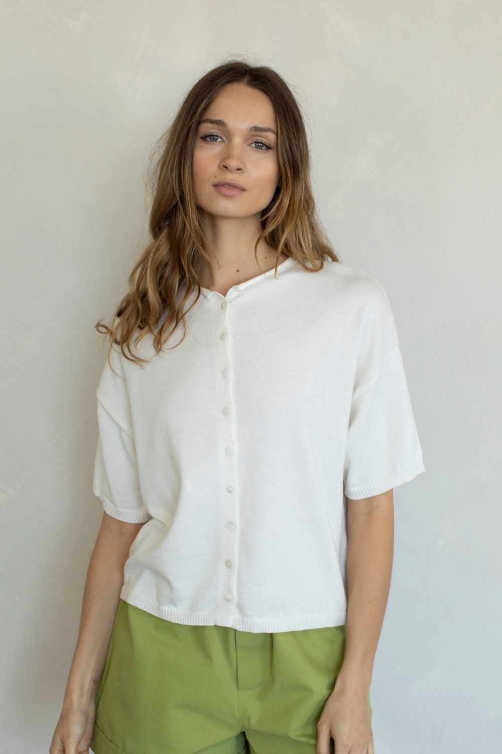 Button Up Short Sleeve Cardigan - Ivory