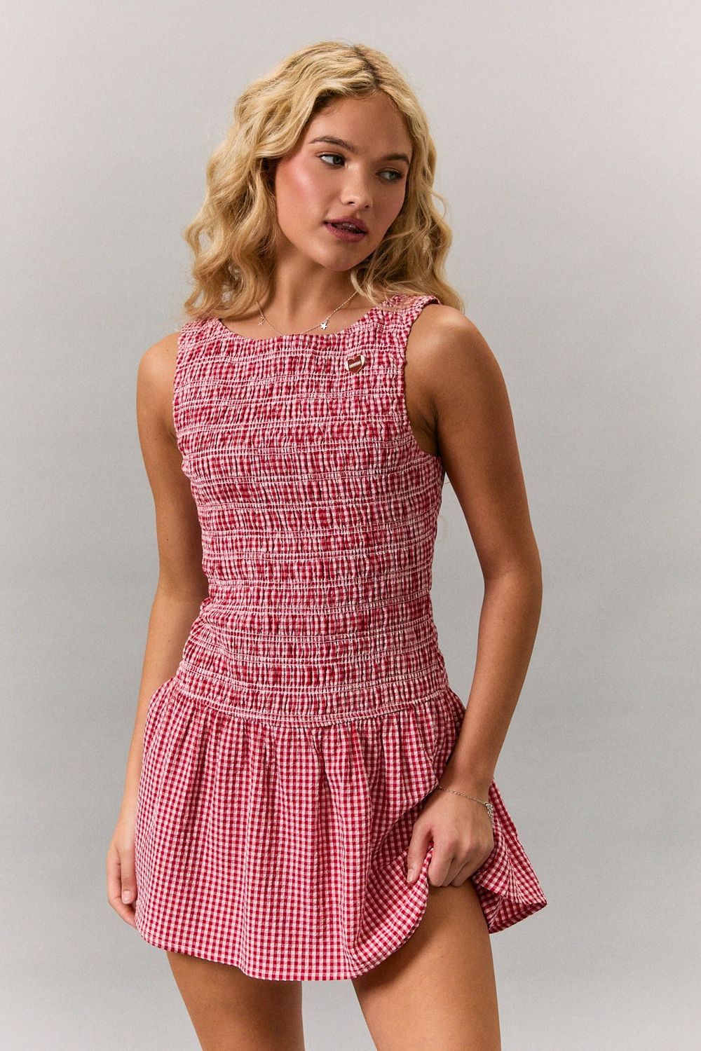 Boat Neck Smocked Sleeveless Mini Dress - White/ Red Gingham