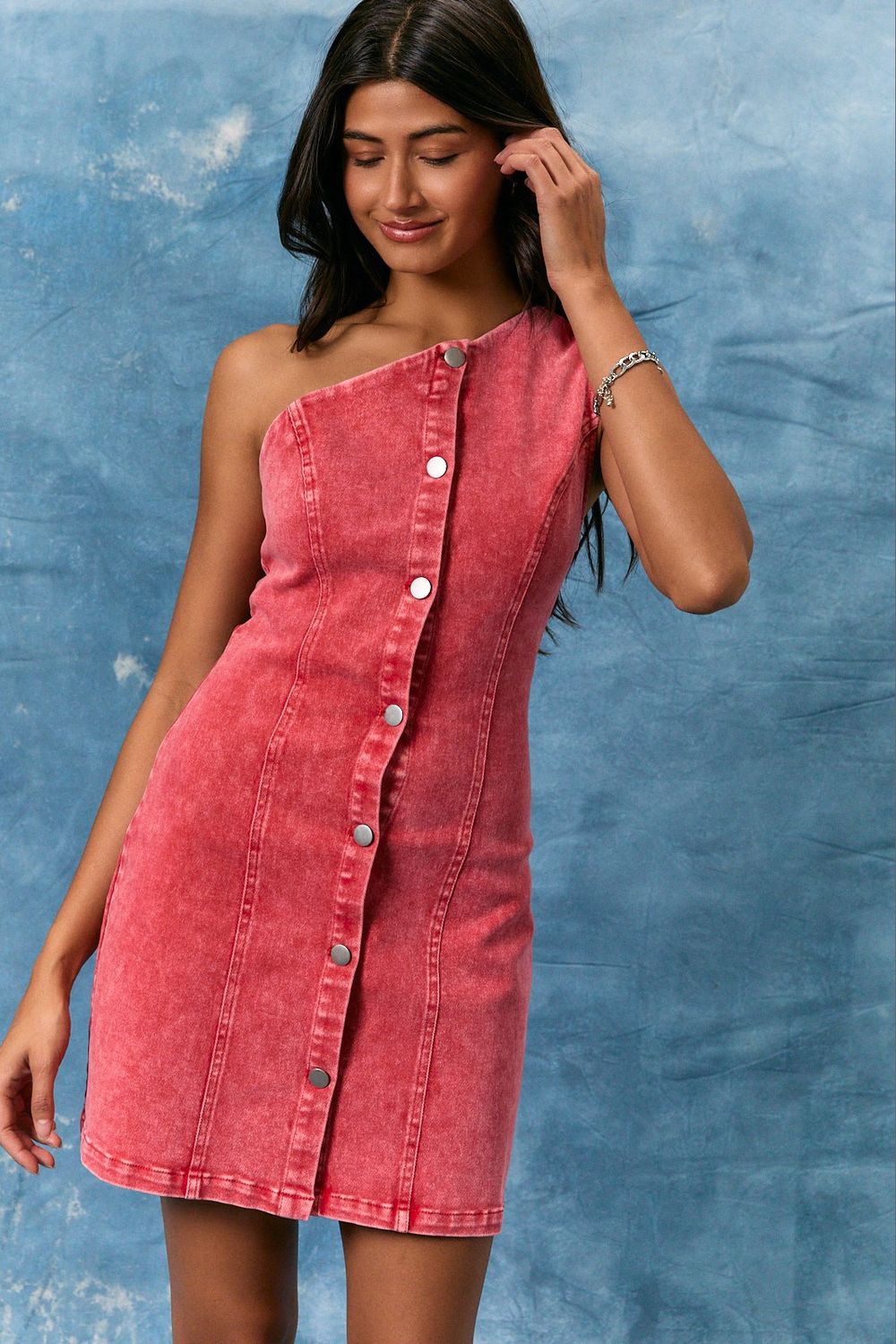 Going Back One Shoulder Denim Mini Dress - Washed Red