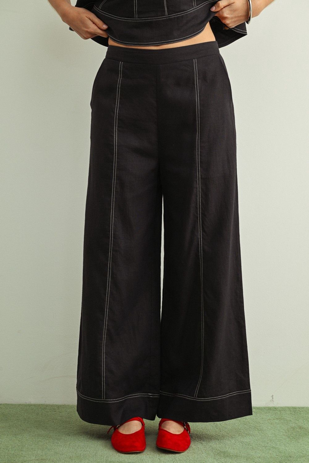 Stitched Detail Wide Leg Pants - Navy
