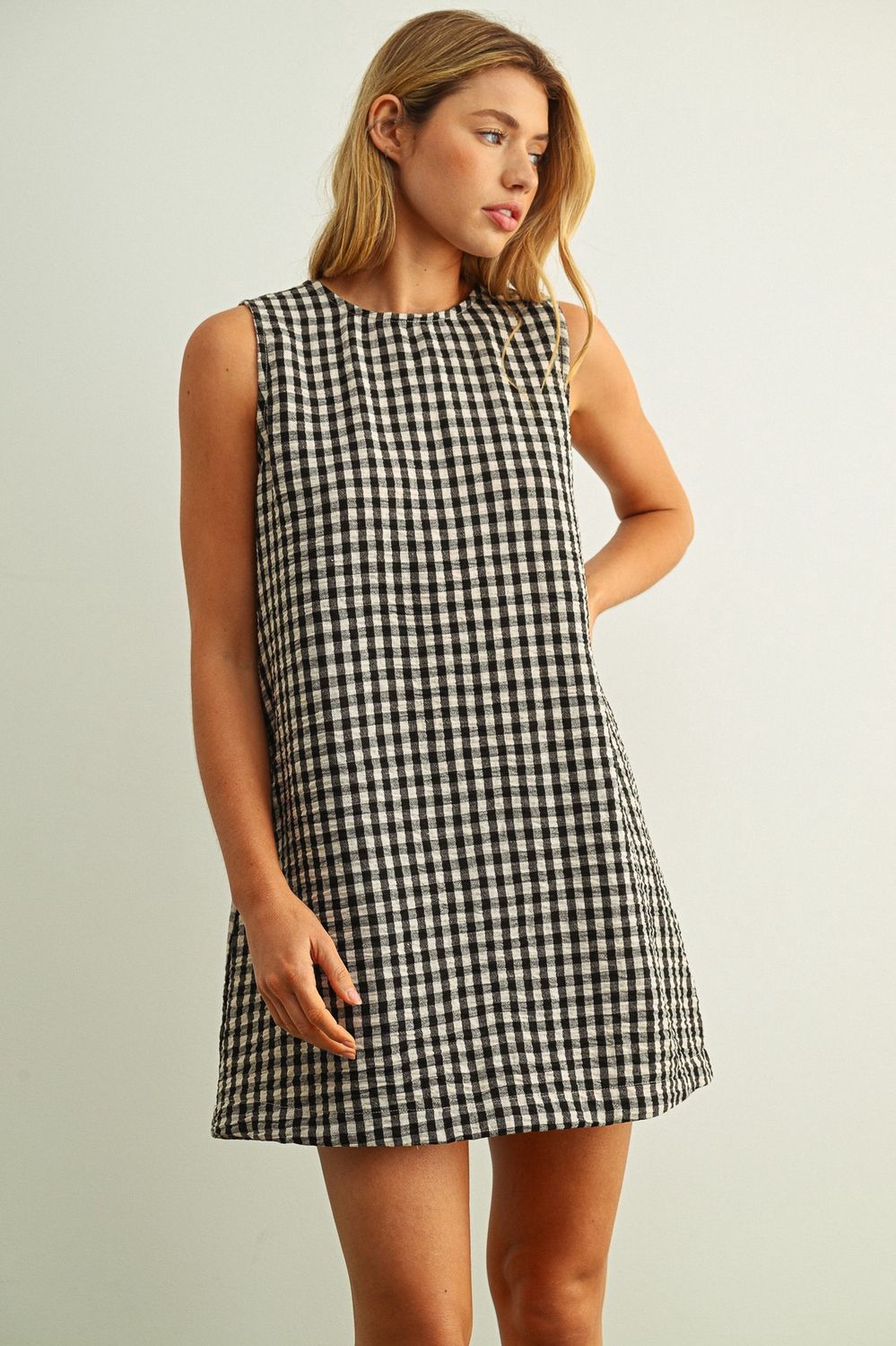 Walk in the Park Gingham Sleeveless Dress - Black/ Cream