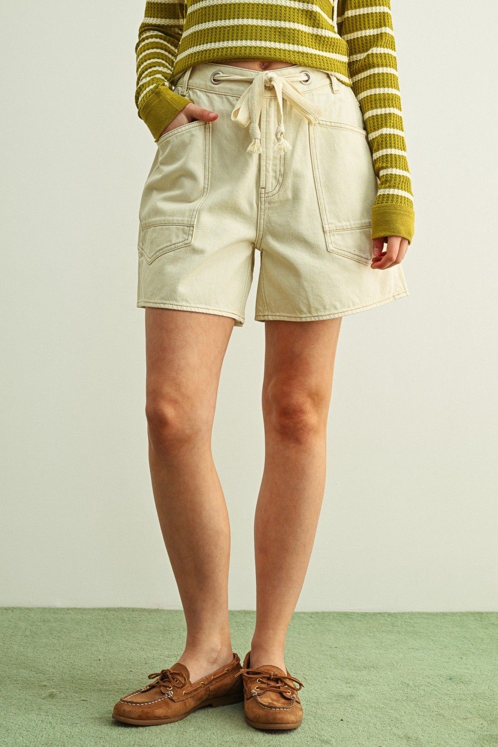Front Tie Denim Shorts - Ecru