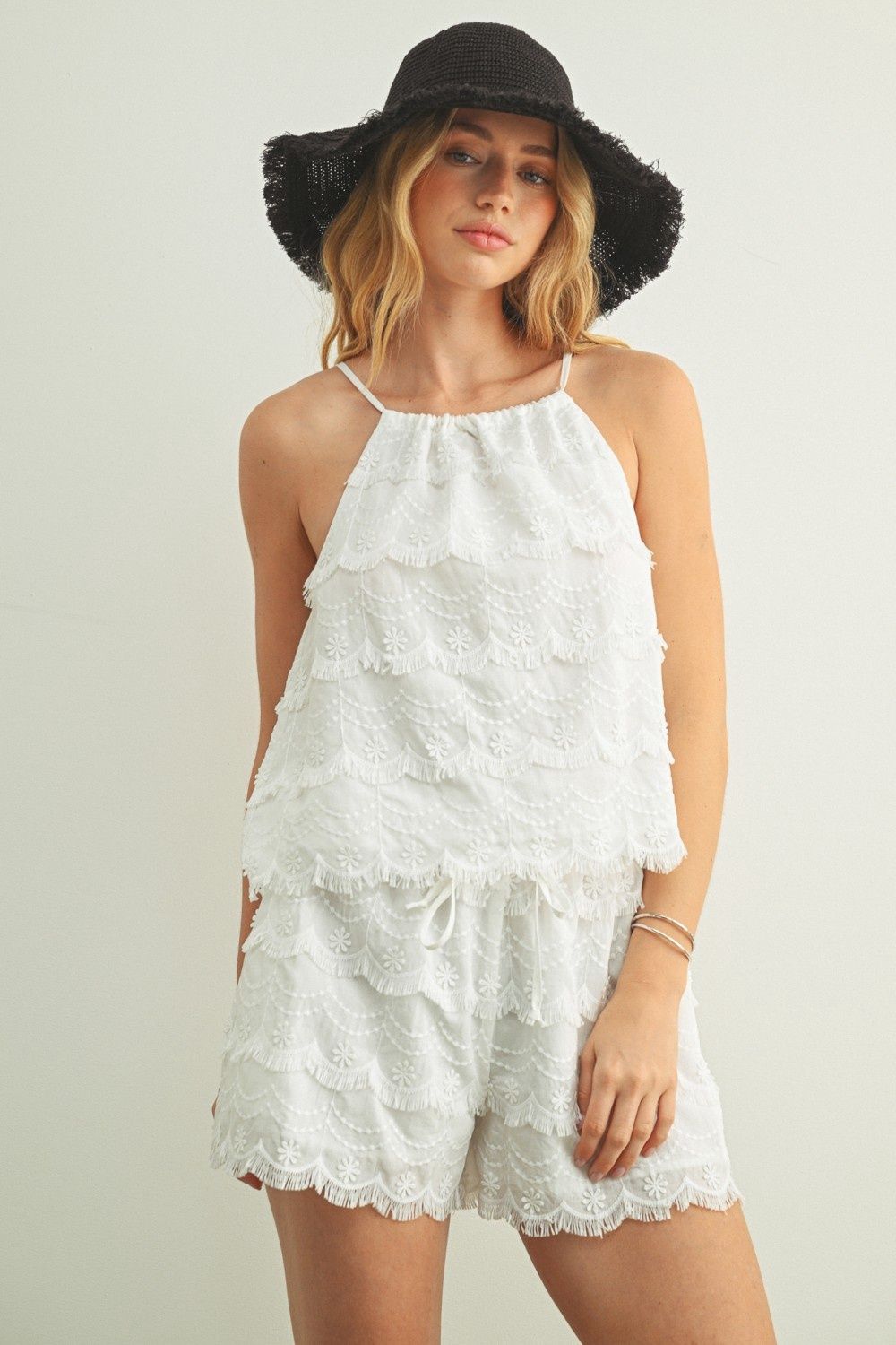 Tiered Lace Trimmed Sleeveless Top - Off White
