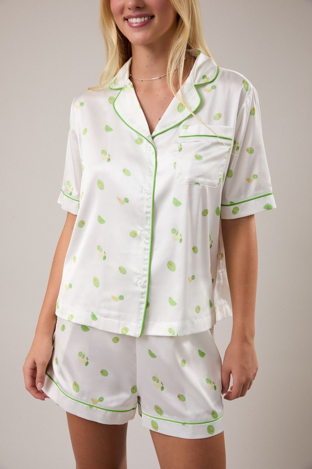 Silk Printed Pajama Shorts - White/ Olive