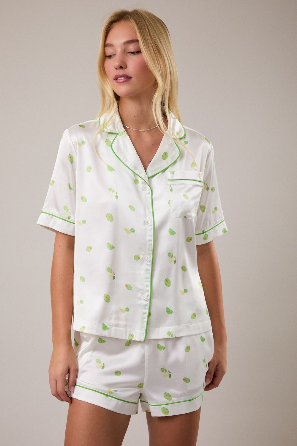 Silk Printed Pajama Top - White/Olive