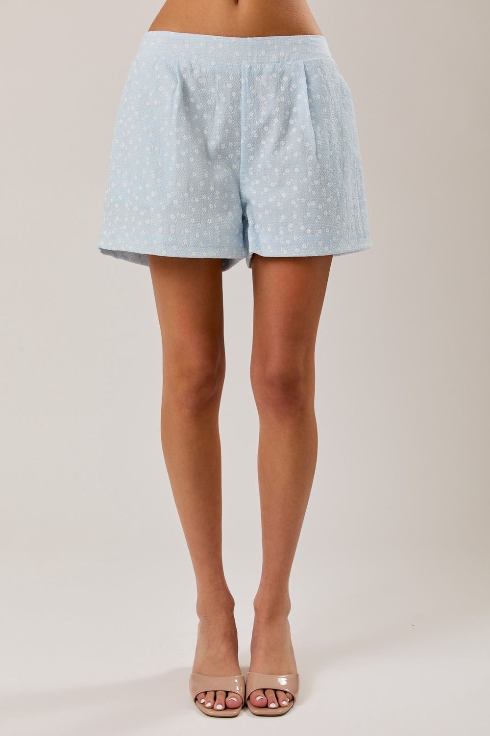 Elastic Waist Mid Rise Shorts - Light Blue/ White Floral
