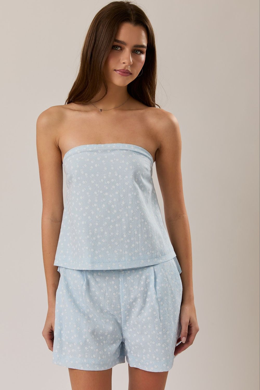 Strapless Tie Back Top - Light Blue/ White Floral
