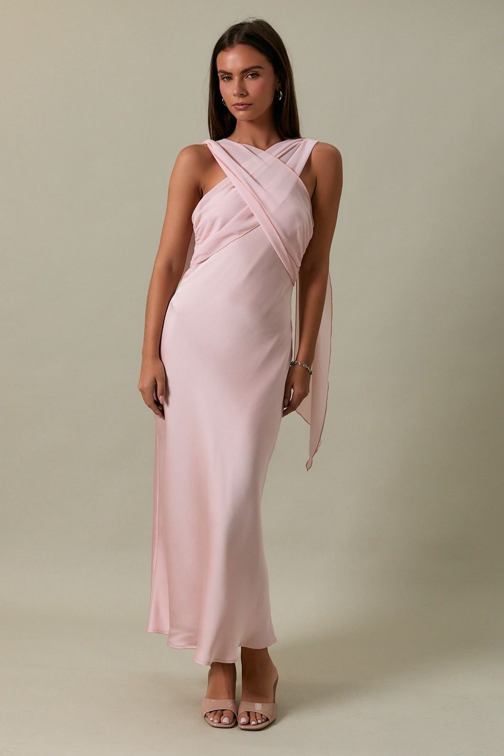 Strapless Scarf Detail Satin Midi Dress - Blush