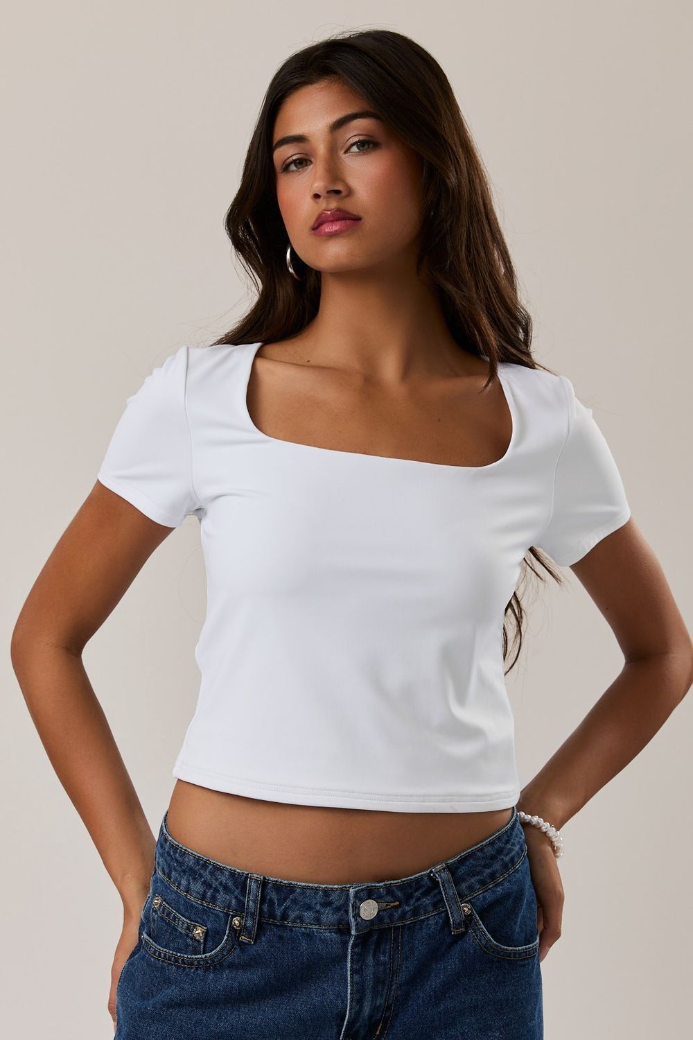 Square Neck Short Sleeve Top - White