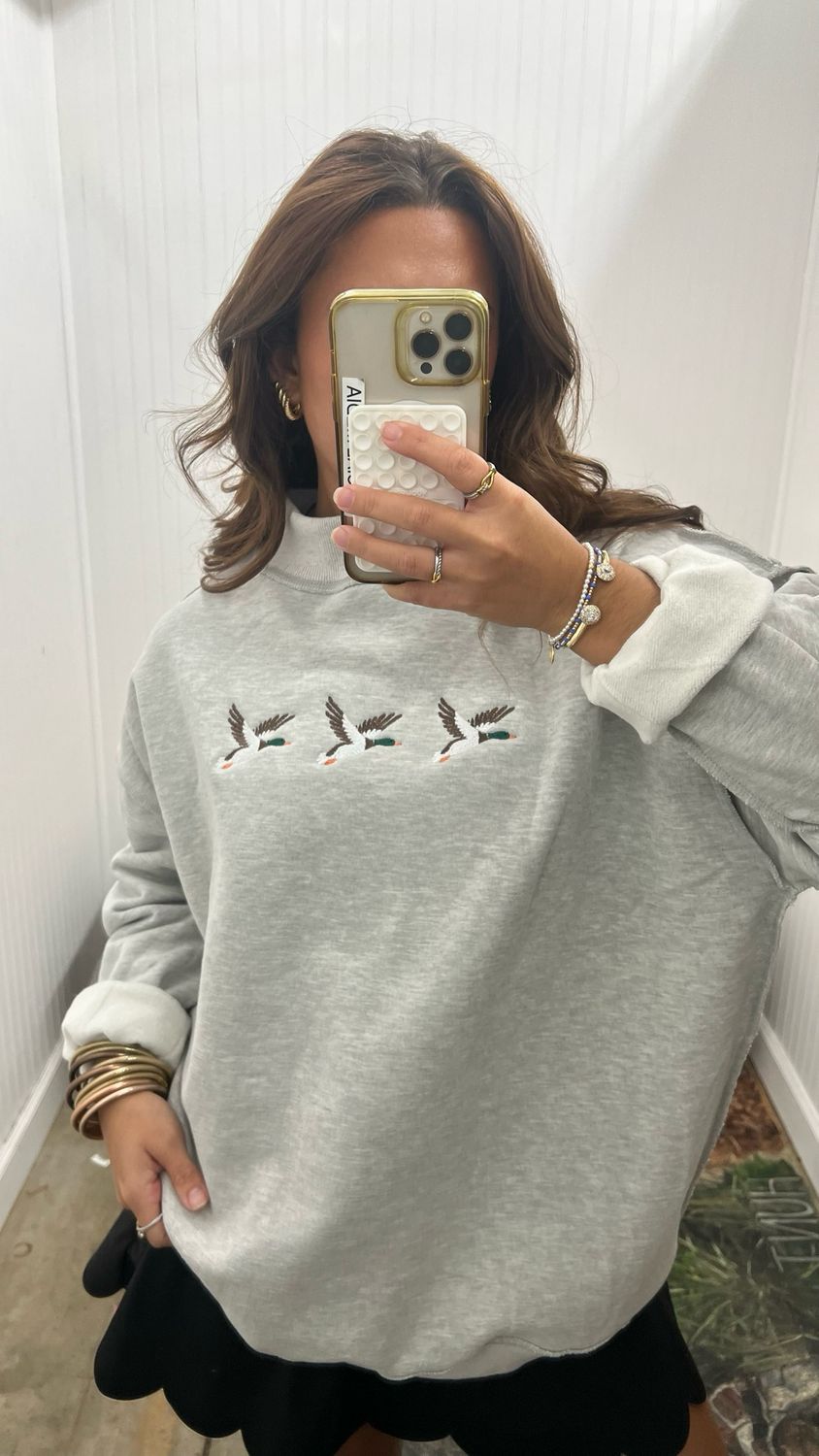 Triple Duck Embroidery Mock Neck Sweatshirt - Ash